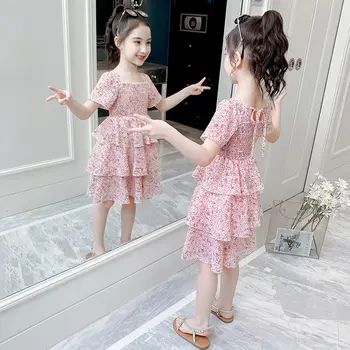 2021 Poletje, Dekleta, Obleko 12 otroška Oblačila Kratek Šifon Cvetlični Obleko 10 Princesa 9 Moda Priložnostne Plasti Obleke, 11 Let