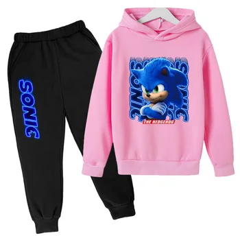 2021 Spomladi In Jeseni otroška Oblačila Sonic 3D Tiskanje, ki bo Ustrezala Hooded Zgornji del + Hlače 2-Kos Šport Priložnostne Obleko dekleta Majica