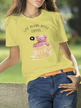 BLINGPAW medvedek se Življenje Začne Po Kavo Črke Natisni T-shirt Belega Bombaža Vrhnja Tees Poletje Meri Tee Srajce Graphic Tee