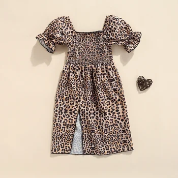 Dekleta Priložnostne Dolgo Režejo Obleko, Rjava Leopard Natisnjeni Vzorec Kratek Rokav Kvadratnih Ovratnik Crossocheilus Obleko