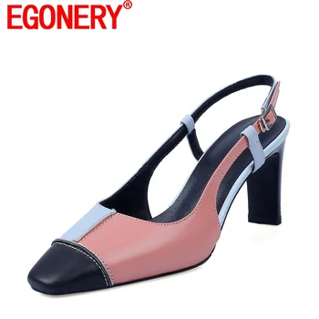 EGONERY ženska moda sandali 2021 nov slog kvadratni toe visokih petah mešane barve pravega usnja, copati ženske padec ladijskega prometa črpalke