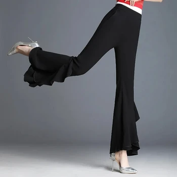 Korejski Moda Visoko Pasu Sežgati Hlače Ženske 2021 Poletje Tanek Slim Črne Hlače Design Šifon Ruffle Zavesa Lady Bell-Dna