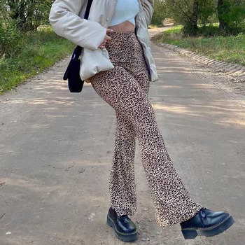 Leopard Hlače Ženske Letnik Elegantna Visoko Pasu Flare Hlače Ženske Slim Rjave Dolge Hlače Ženske Ulične Priložnostne Pantalones