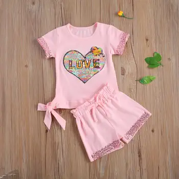 Moda Otroci Baby Girl Obleke Obleke Kratek Rokav Bleščica Ljubezen Majica Vrhovi, Hlače, Hlače valentinov Dan