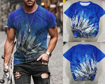 Moške modra pero, neredno vzorec 3DT majica poletje priložnostne šport trend hip-hop kratek rokav obleka oversize T-shirt shir