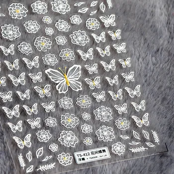 Pomlad Beli Listi za Nohte, Nalepke, 3D Akril Vgravirana Stereoskopski Metulj Ustvarjalno Oblikovanje Nohtov Art Cvet Miško Vzorec
