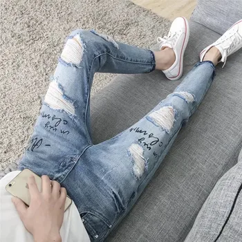 Pomlad Jesen 2021 najstnikov ulica moških\ \ 's jeans Hong Kong slog hlače mladi korejski čiste barve luknjo berač noge harem hlače