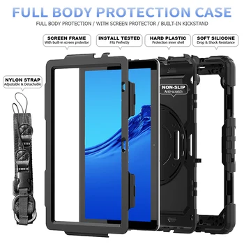 Težka Silikonsko Ohišje za Huawei Mediapad T5 Shockproof Pokrov z Ramenski Trak in Vrtljiv Oporo+Screen Protector
