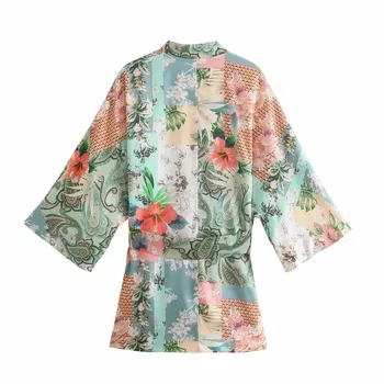 TRAF Za Kimono Ženske Bluzo Mozaik Tiskanja Kratek Kimono Ženska Poletje 2021 Plaža Moda Pasu Japonski Slog Letnik Bluzo