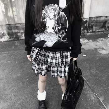 Y2k Harajuku Krilo Ženske Center Goth egirl Gothic Kawaii y2k Oblačila Kovice Punk Kul Črno Bel Kariran Nabrano Krilo
