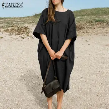 ZANZEA Moda za Ženske obleke 2021 Poletje Koleno Dolžina Vestidos Priložnostne Trdne Hlače Rokavi Sundress Gospa Loose Haljo Femme