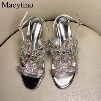 Čudno pete nosorogovo dame sandale srebrna vijolična zlata debele pete kristalno čevlji dame poletje poročni čevlji