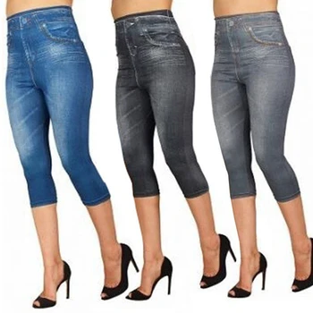 Ženske Jeans Poletje Visoko Pasu Stretchy Slim Kavbojke Imitacija Jeansa, Dokolenke Moda Odrezana Hlače Modni Sweatpants Ženske