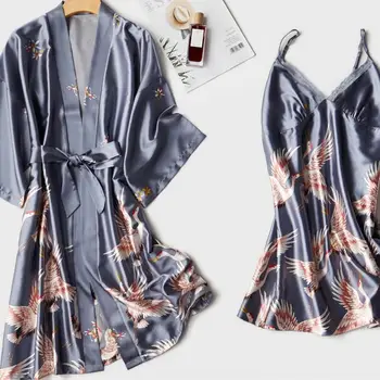 Ženske Kimono kopalni plašč Obleke Sleepwear Tiskanja Žerjav Svoboden More Saten Seksi 2PCS Haljo Nastavite Intimno Perilo 2021 Novo Nightgown