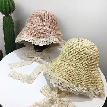 Ženske Poletne Tkanine Slame Sun Pokrivalo Širok Robna UV Zaščito Cvetlični Čipke Šivanje Traku Lok Packable Počitnice Plaže Skp