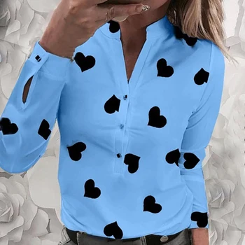 Ženski Cvet Srce, ki Tiskanja Bluzo 2020 Moda Pomlad Poletje Priložnostne Dolg Rokav V Neck Majica Ženske Elegantne Gumbi Dating Vrhovi